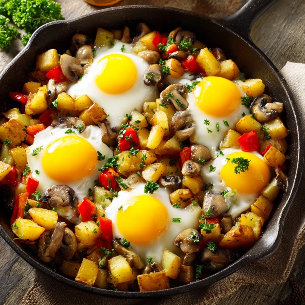 Golden breakfast hash with eggs featuring crispy diced potatoes, colorful bell peppers, and runny yolks in a cast iron skillet