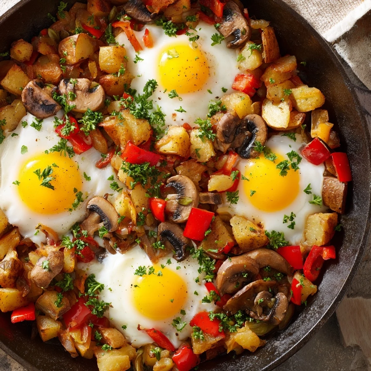 One-skillet breakfast hash with eggs displaying golden brown potatoes, sautéed mushrooms and onions, with eggs nestled into vegetable wells