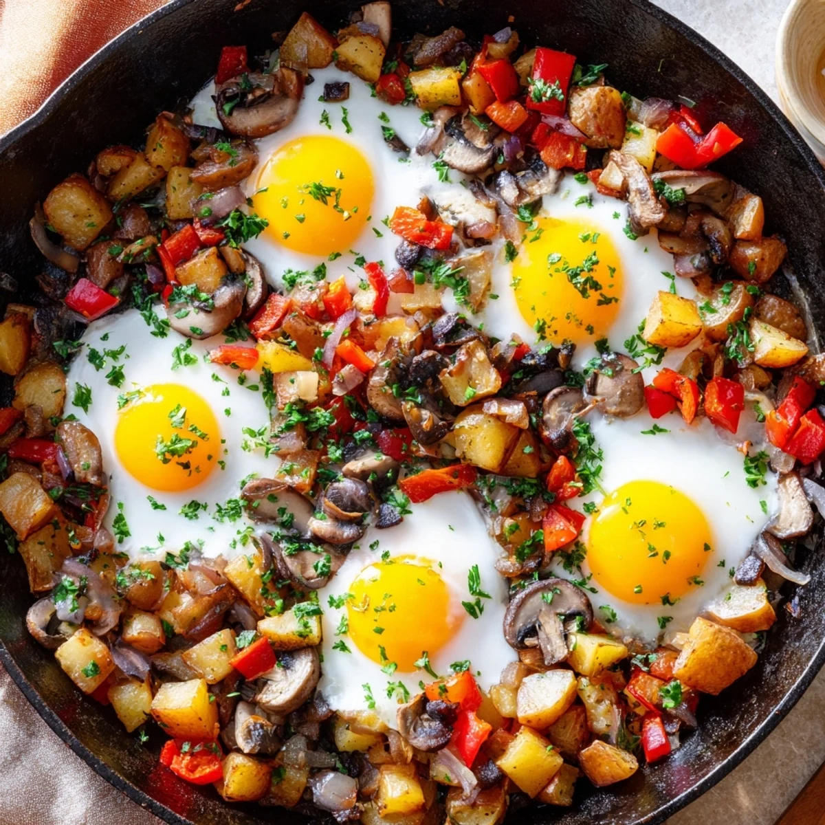Hearty breakfast hash with eggs topped with fresh green parsley, showcasing perfectly cooked sunny-side-up eggs over tender vegetables