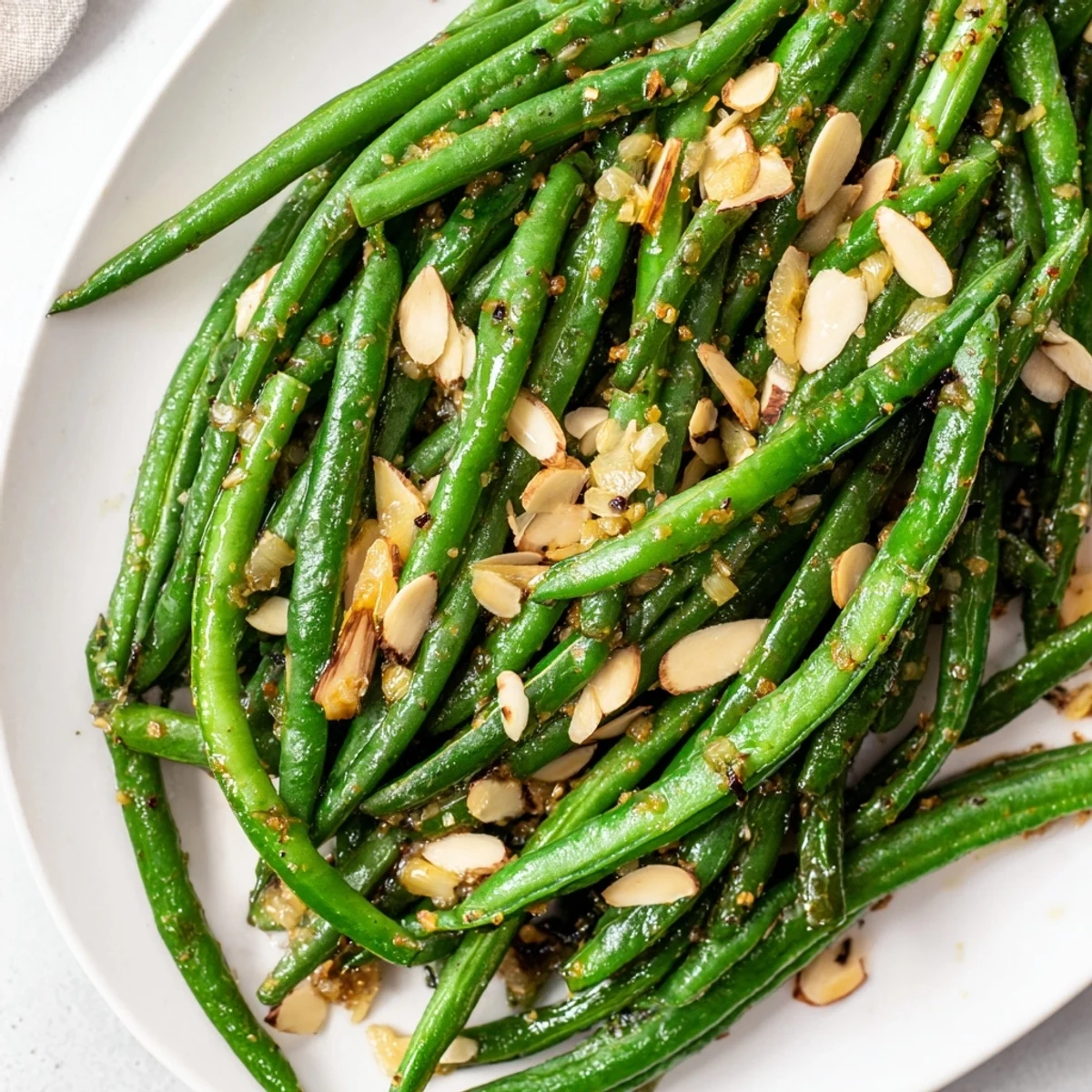 Fresh green beans sautéed with golden garlic in olive oil, garnished with toasted almonds
