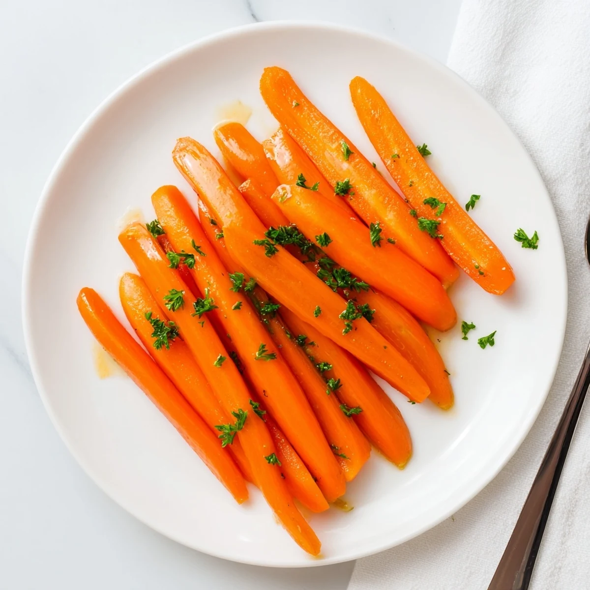 Glossy honey roasted carrots arranged beautifully with melted butter drizzle and green parsley garnish
