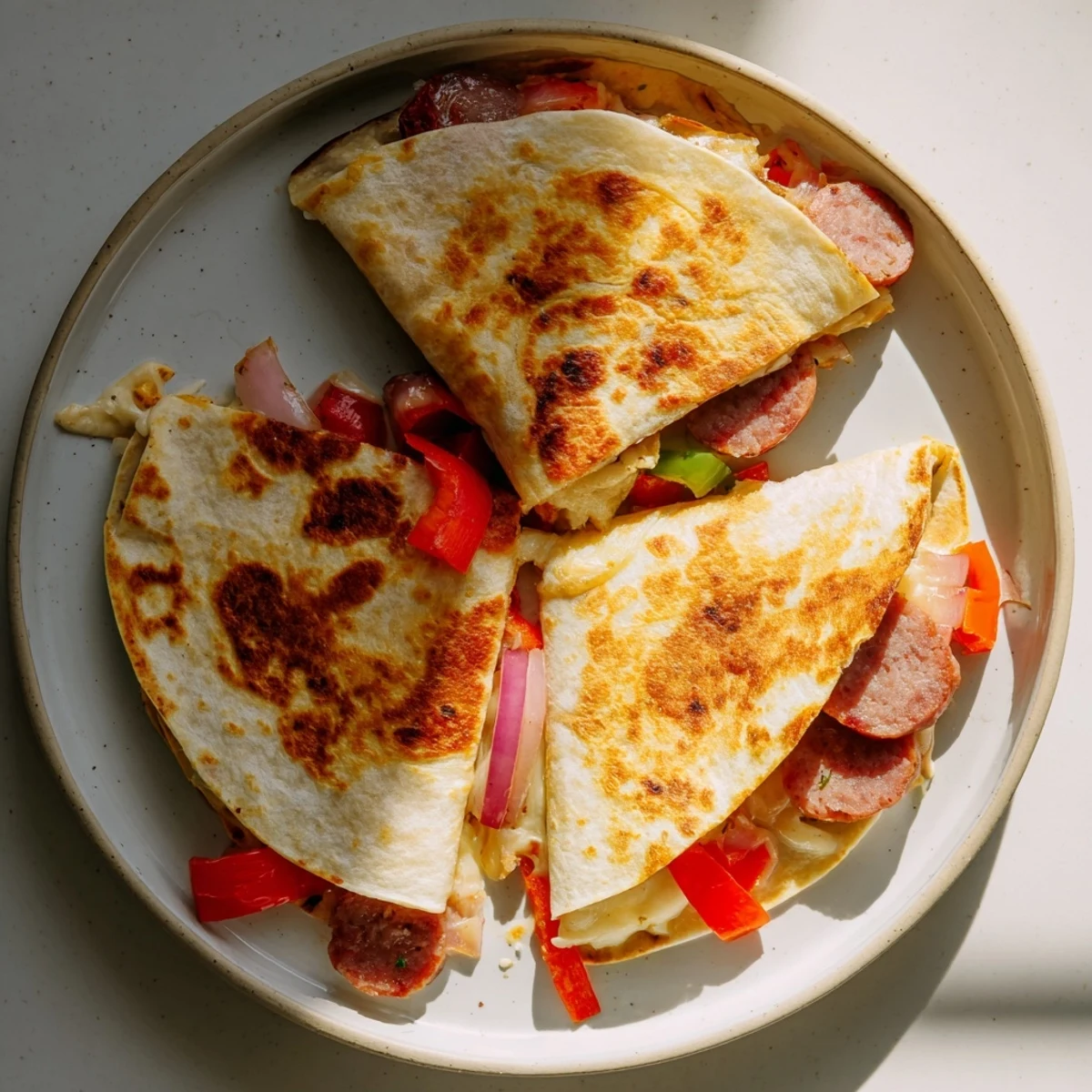 Golden crispy Cajun beef sausage quesadillas oozing melted Monterey Jack and cheddar cheese