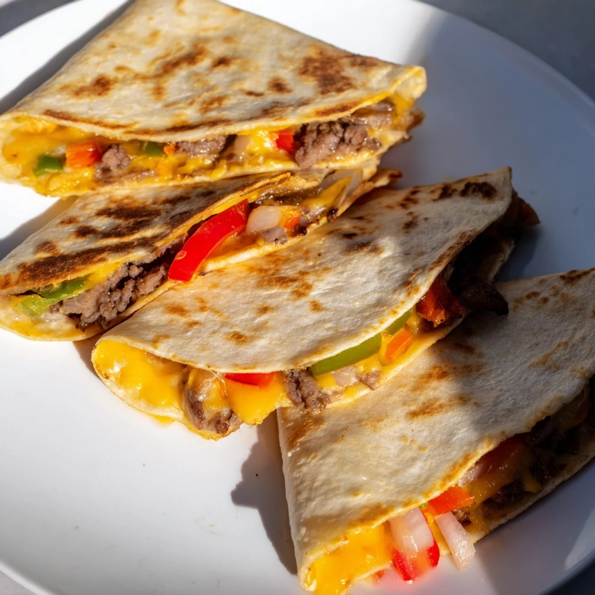Savory Tex-Mex quesadilla filled with spicy Cajun sausage sliced peppers and onions