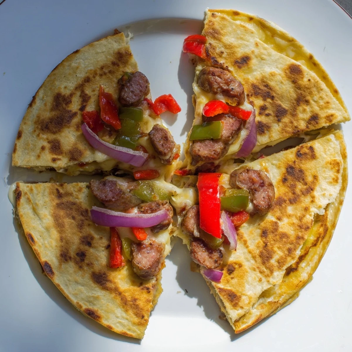 Crispy flour tortilla packed with seasoned beef sausage vegetables and gooey melted cheese