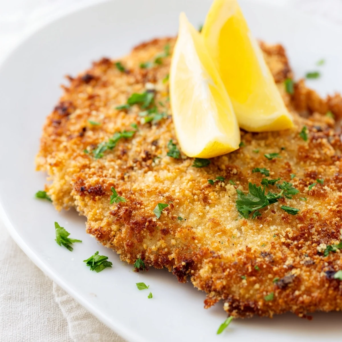 Golden crispy beef escalope Milanese garnished with fresh parsley and lemon wedges on white plate