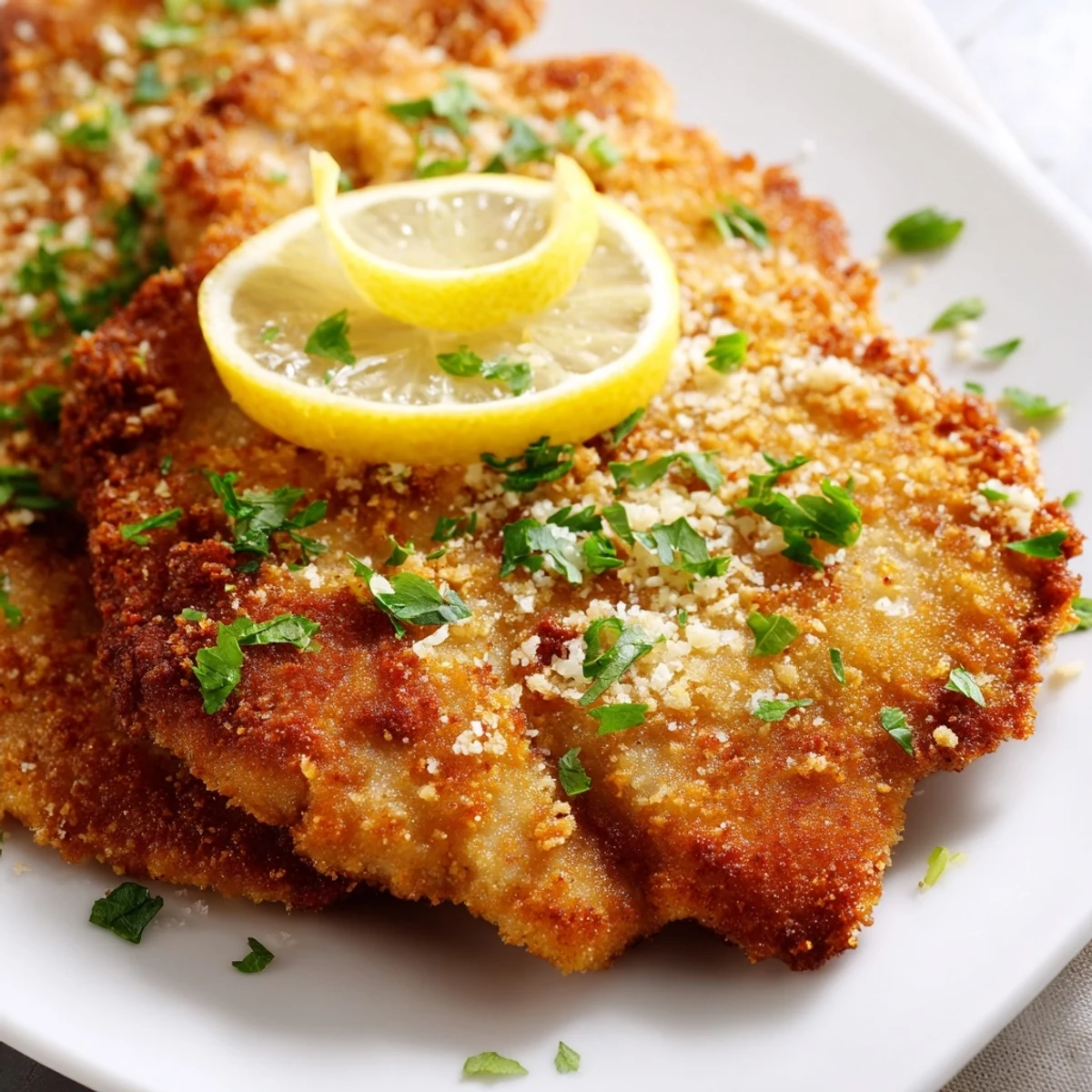 Tender pounded beef coated in golden brown breadcrumbs and topped with chopped parsley
