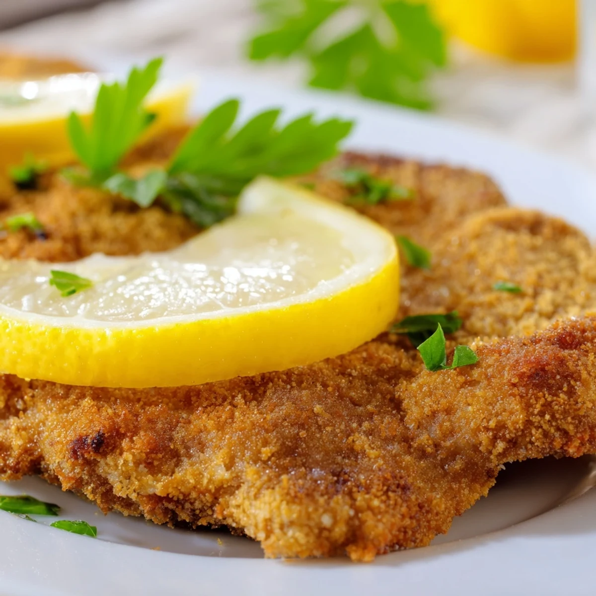 Pan-fried breaded beef Milanese with crunchy panko Parmesan crust served alongside bright citrus
