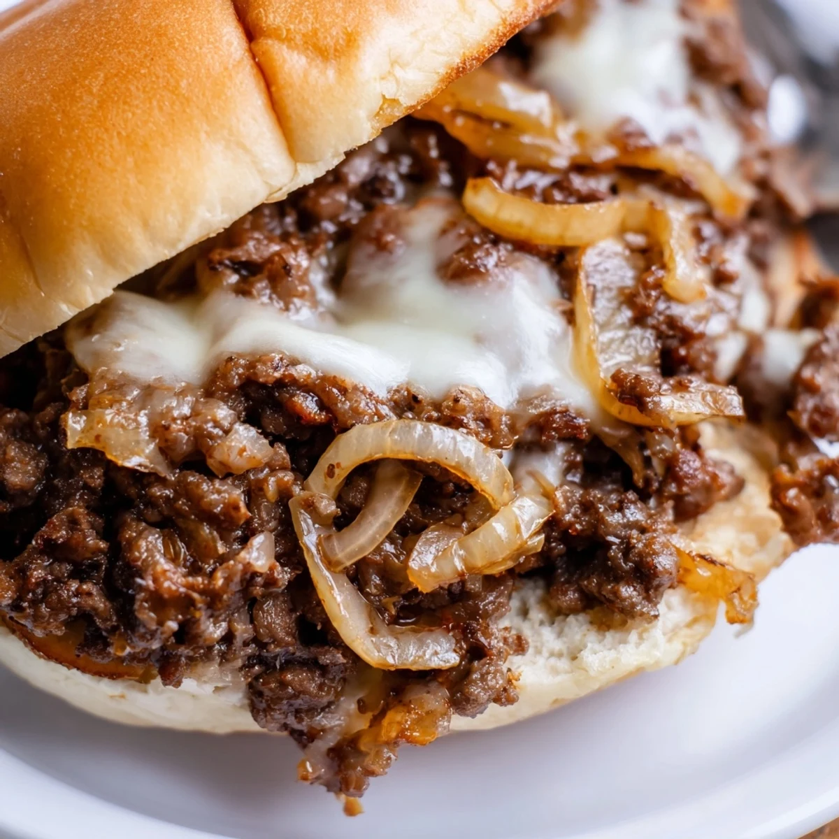 Golden caramelized onions and melted provolone top these savory French Onion Beef Sloppy Joes on toasted buns