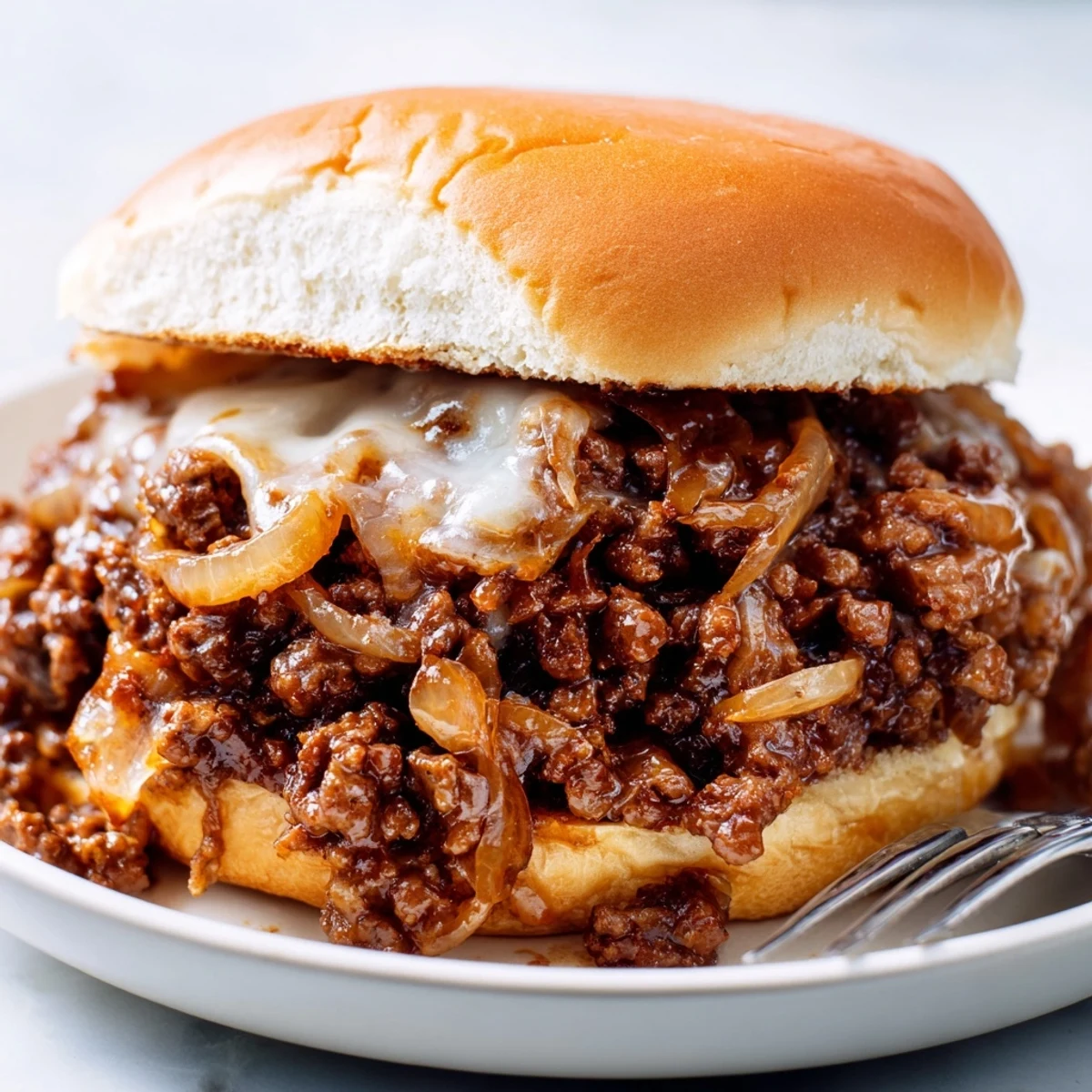 Rich ground beef mixture piled high on soft hamburger buns with melted Swiss cheese in this French Onion Beef Sloppy Joes recipe