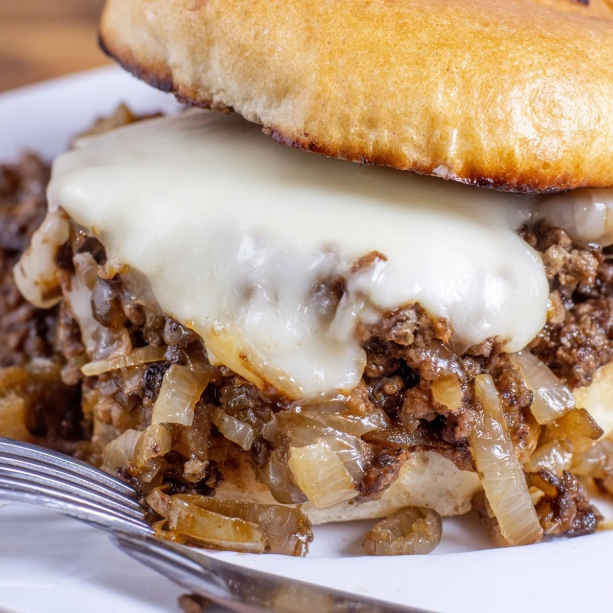 Heaping spoonfuls of caramelized onion beef filling overflow toasted buns topped with bubbly melted cheese in these French Onion Beef Sloppy Joes