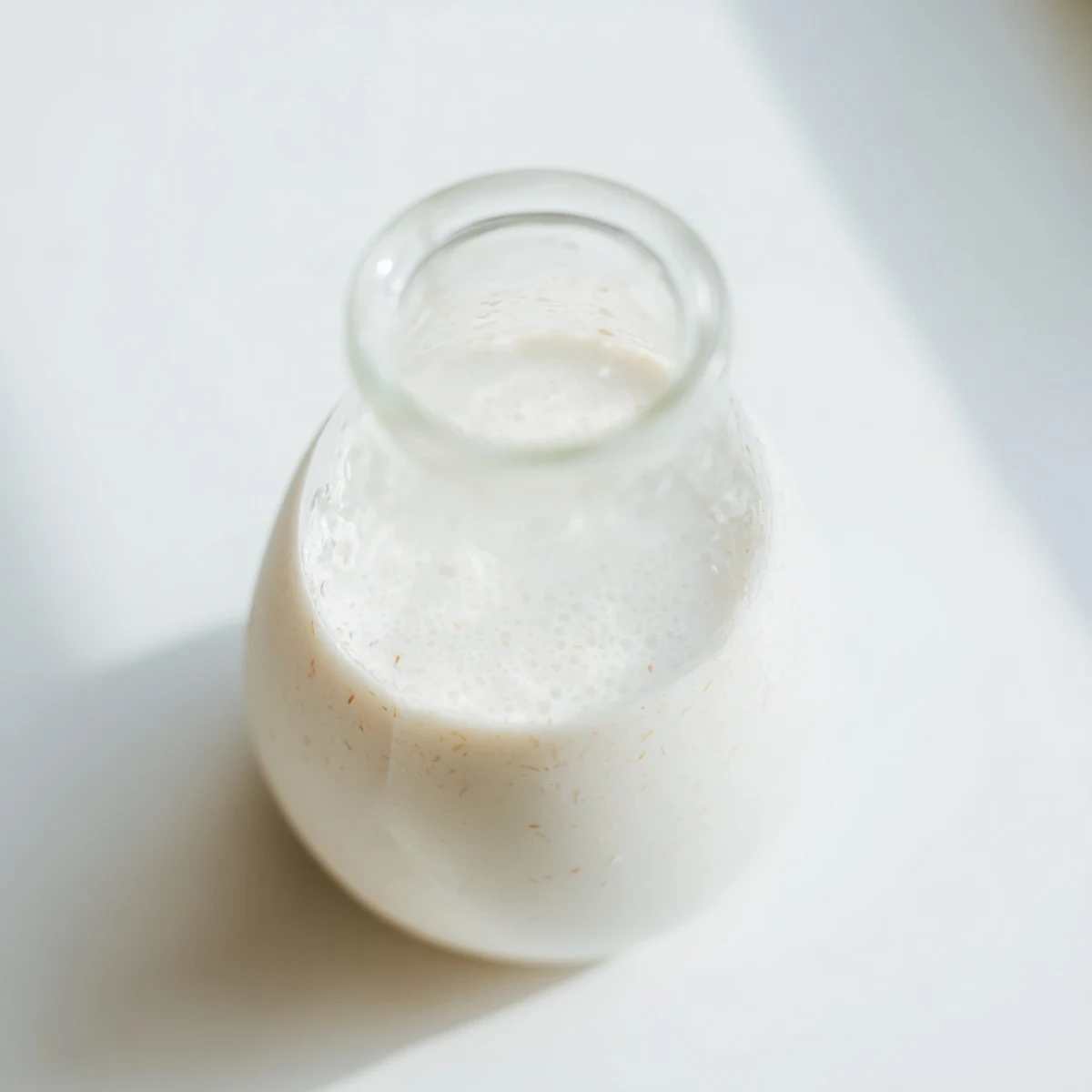 Creamy homemade coconut milk in glass bottle with fresh coconut flakes nearby