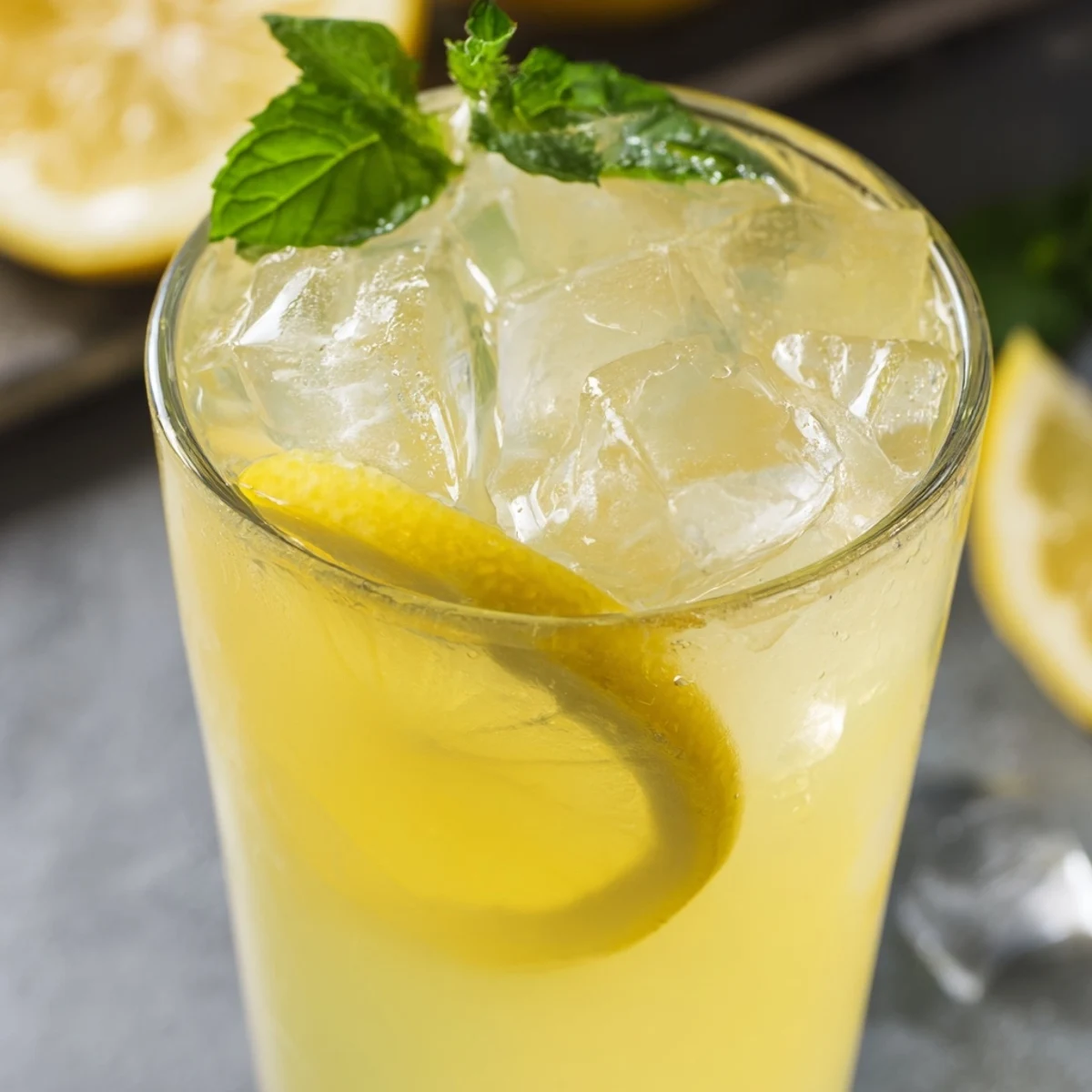 Refreshing homemade lemonade with fresh lemon slices and mint leaves served in a glass pitcher