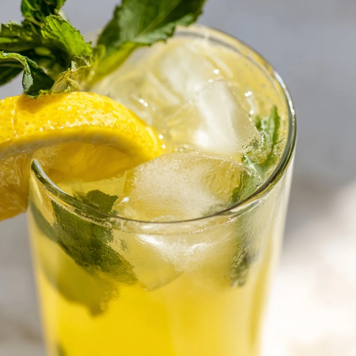 Cold lemonade drink with floating lemon rounds and fresh mint garnish in a clear beverage glass