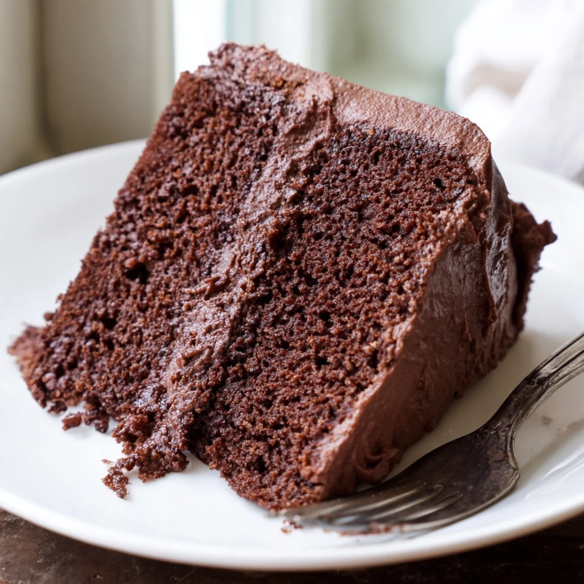Moist chocolate cake with mayonnaise baked in round pans, displaying a rich dark crumb