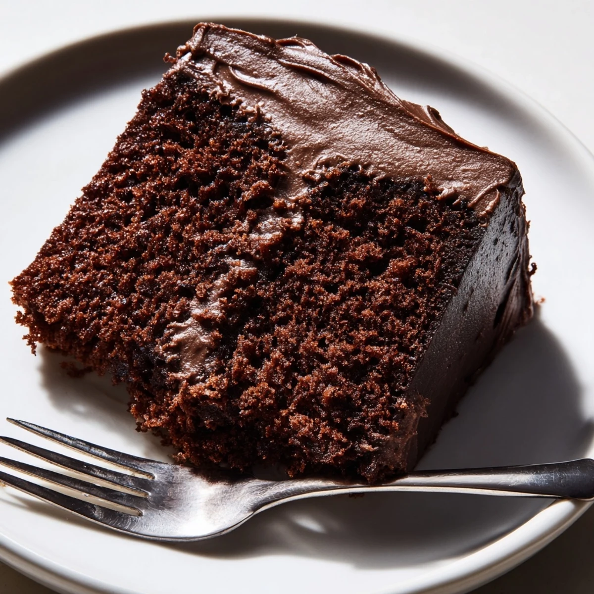 Slice of tender chocolate cake with mayonnaise on white plate, dusted with cocoa powder