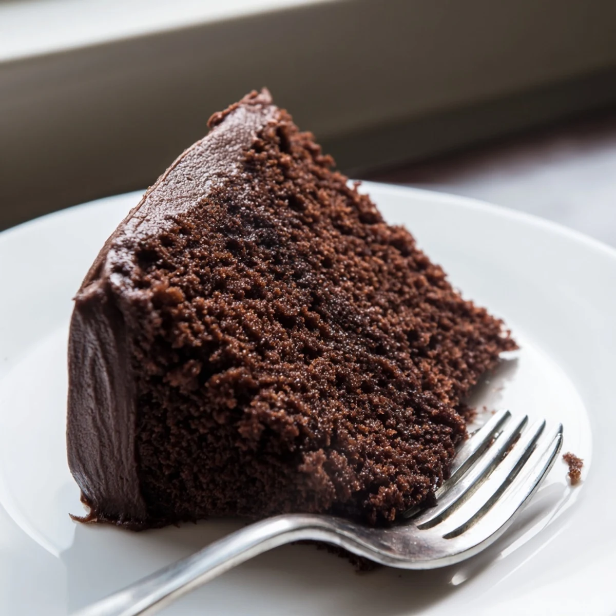 Two-layer chocolate mayonnaise cake frosted generously, showing exceptionally moist texture and deep color