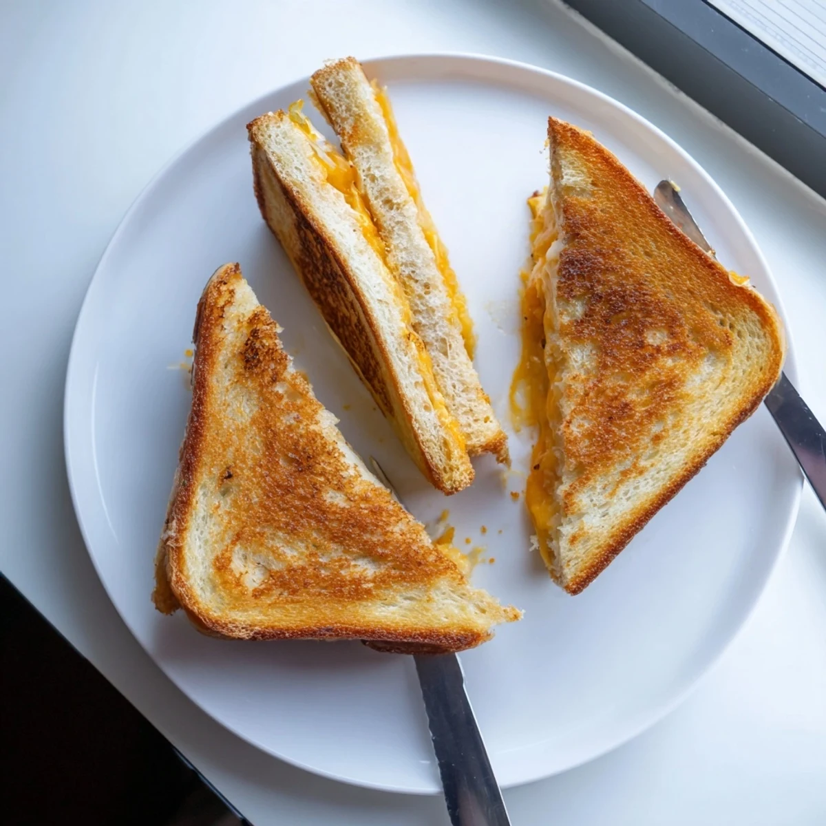 Golden crispy grilled cheese sandwich with gooey melted cheddar on buttered toast