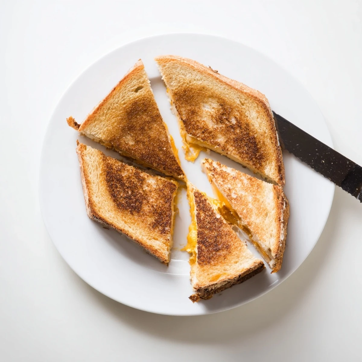 Classic grilled cheese sandwich cut into triangles showing warm melted cheese inside