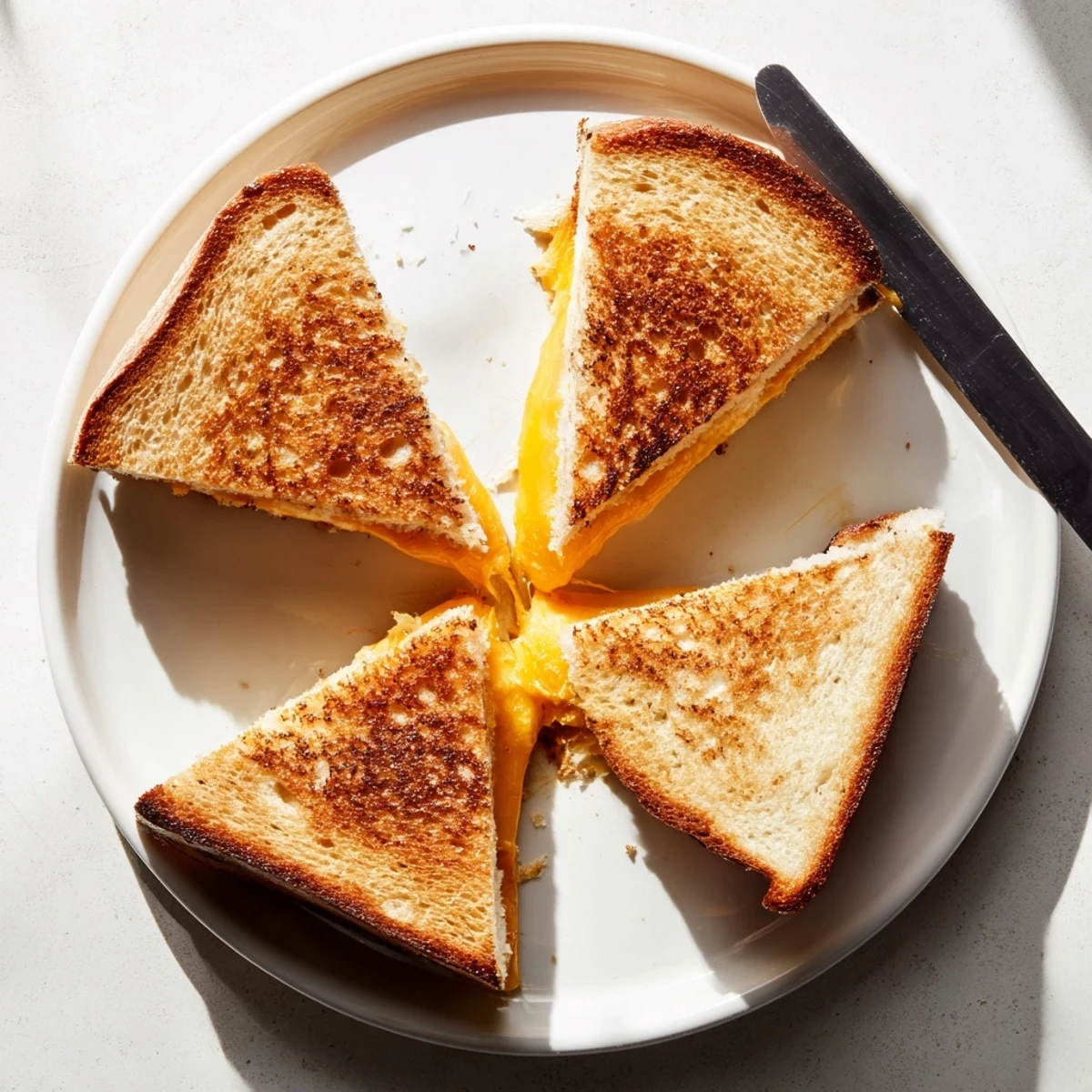 Homemade grilled cheese with golden brown bread and oozing cheddar cheese slices