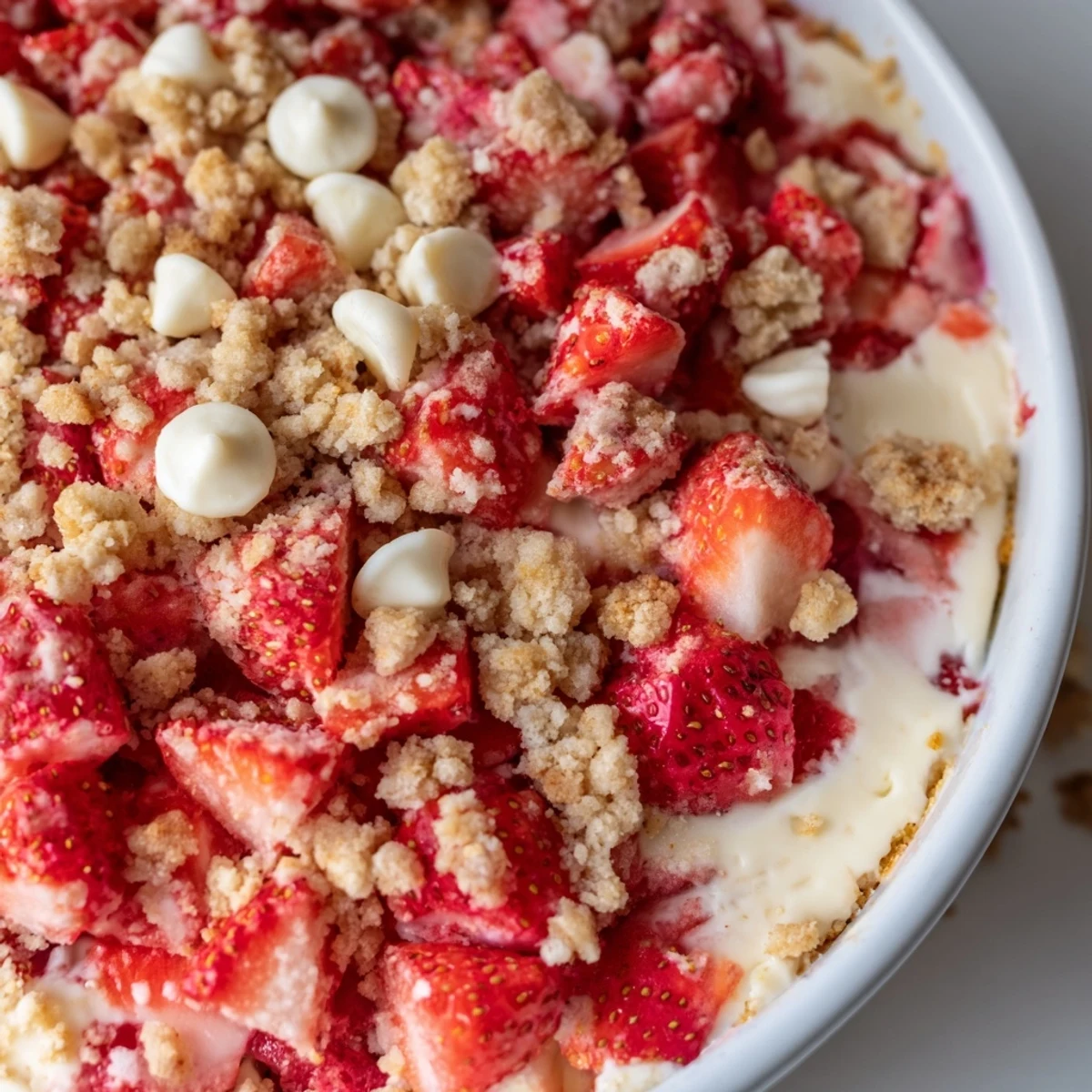 Creamy no-bake strawberry cheesecake crunch with graham crumble topping in glass serving dish