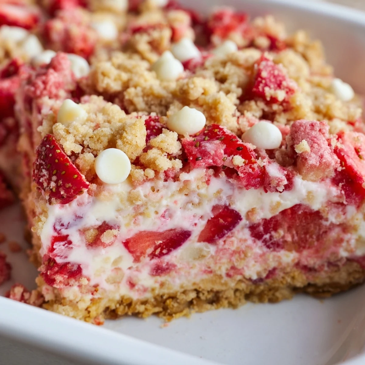Golden strawberry cheesecake crunch dessert with creamy layers and fresh red berries