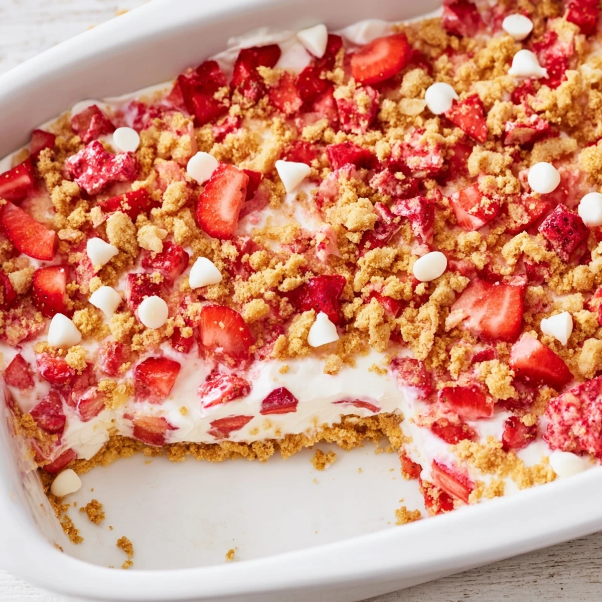 Layered strawberry cheesecake crunch parfait with whipped cream and juicy diced strawberries
