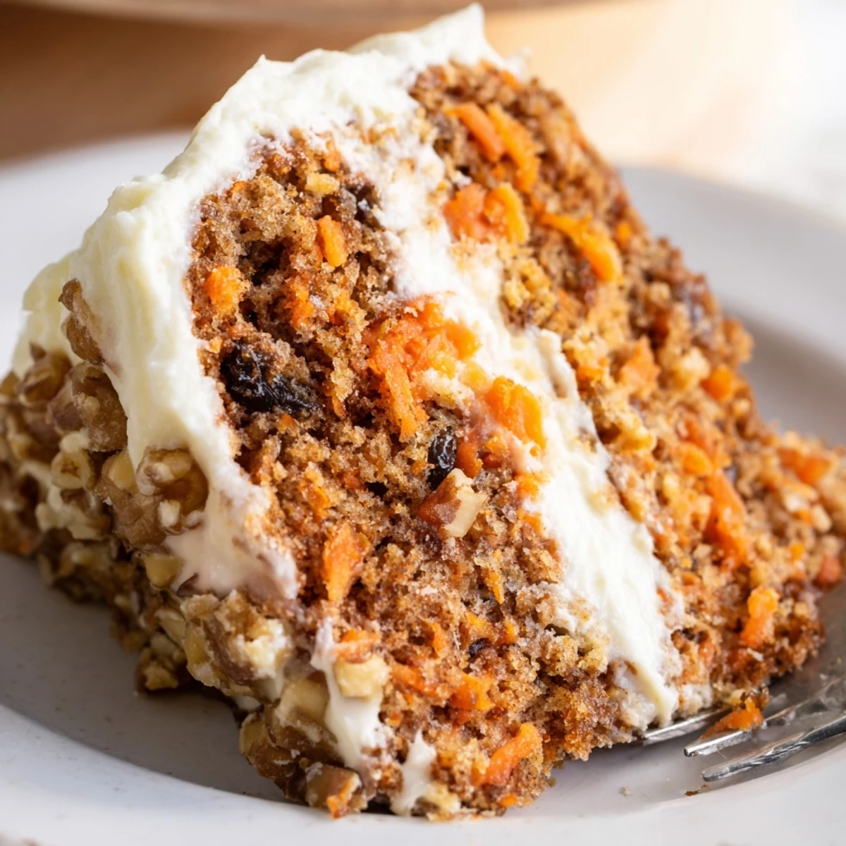 Moist flourless oatmeal carrot cake slice topped with chopped walnuts on a white plate