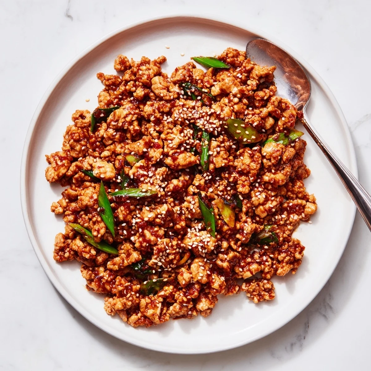 Savory General Tso's ground chicken stir-fry with tender pieces in thick red glaze