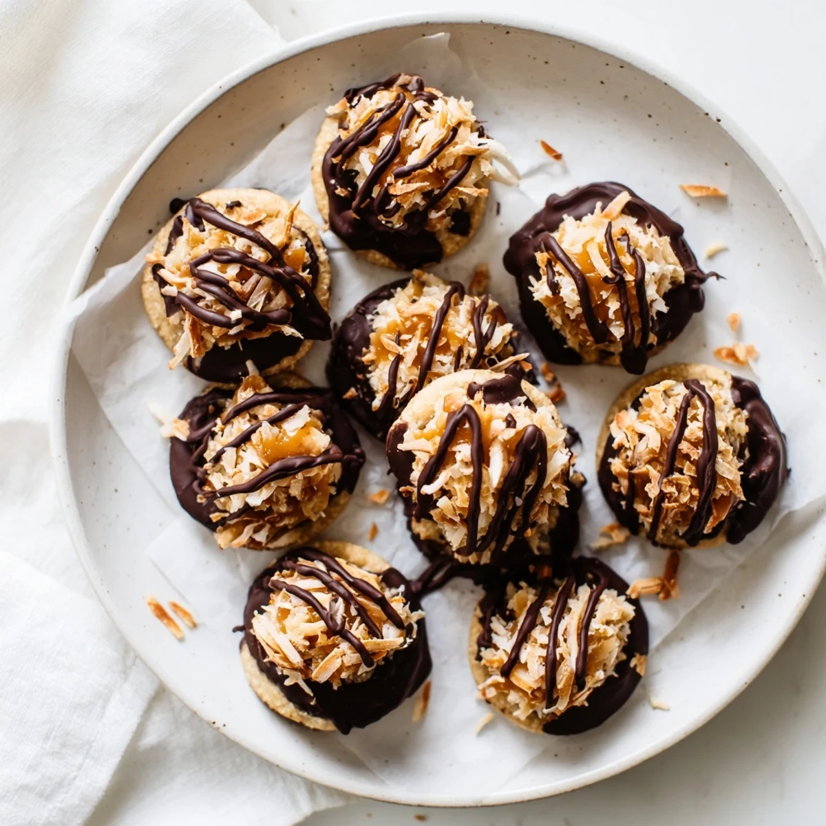 No bake Samoa bites topped with caramel coconut and dark chocolate drizzle on a white plate