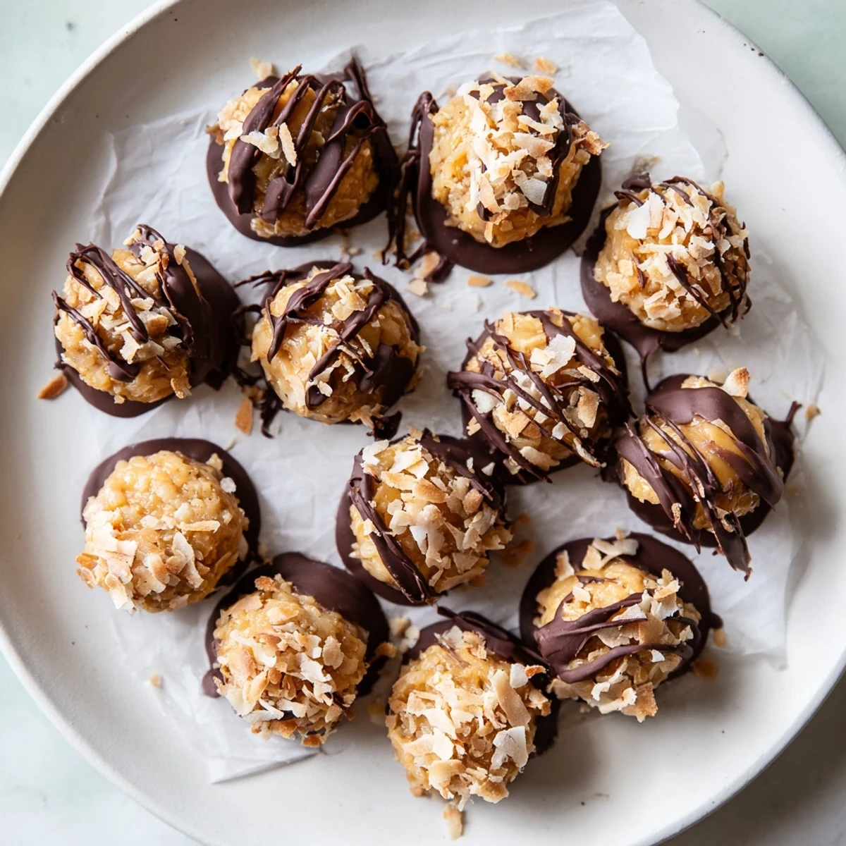Homemade no bake Samoa bites featuring layers of coconut caramel and rich melted chocolate coating