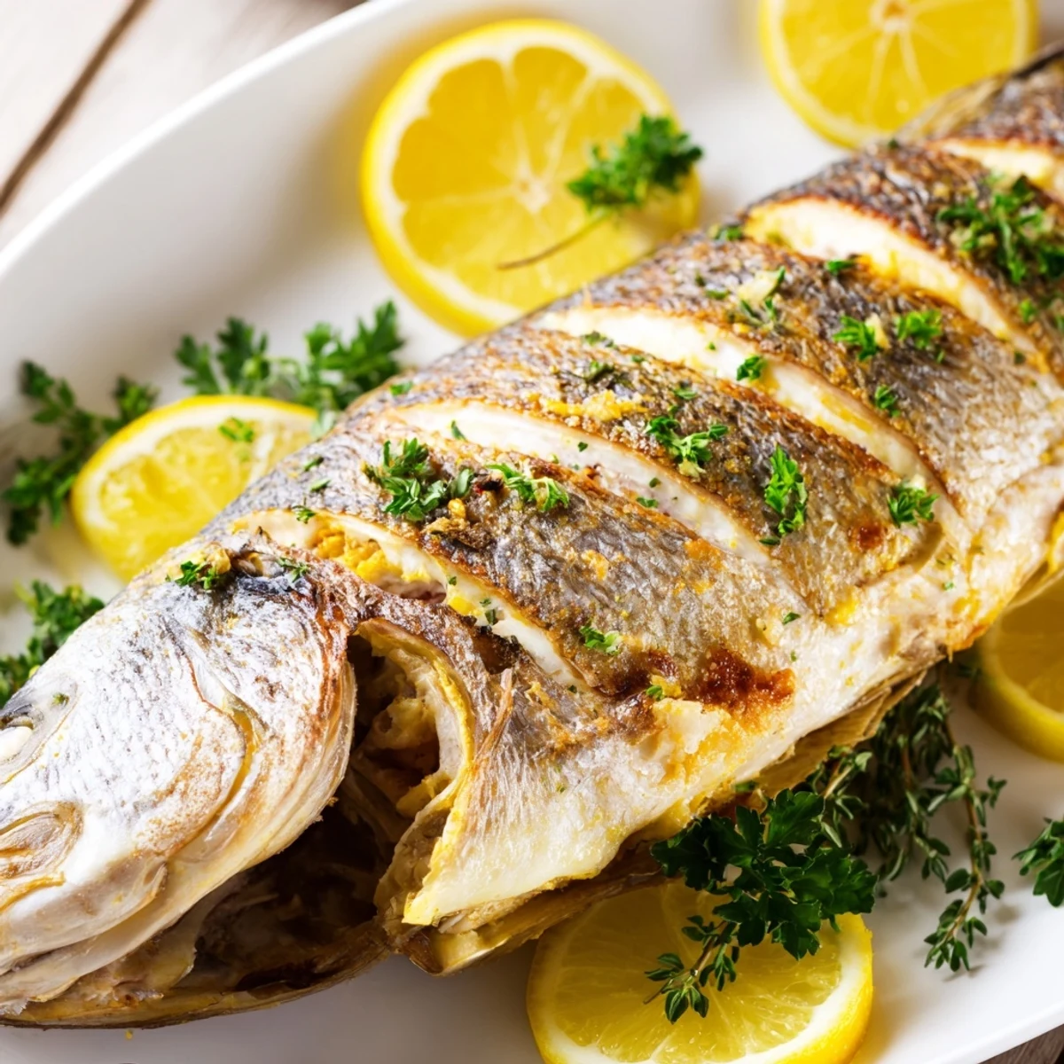 Golden brown whole roasted fish with crispy seasoned skin on a white serving platter garnished with fresh parsley and lemon wedges