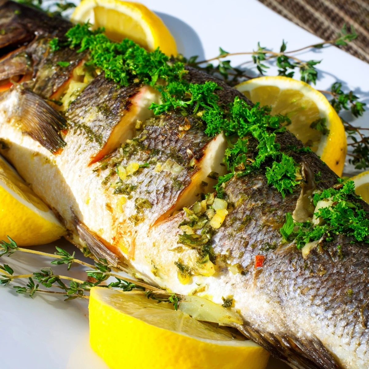 Whole roasted Mediterranean style fish featuring beautifully crispy skin stuffed with lemon slices and aromatic fresh herbs