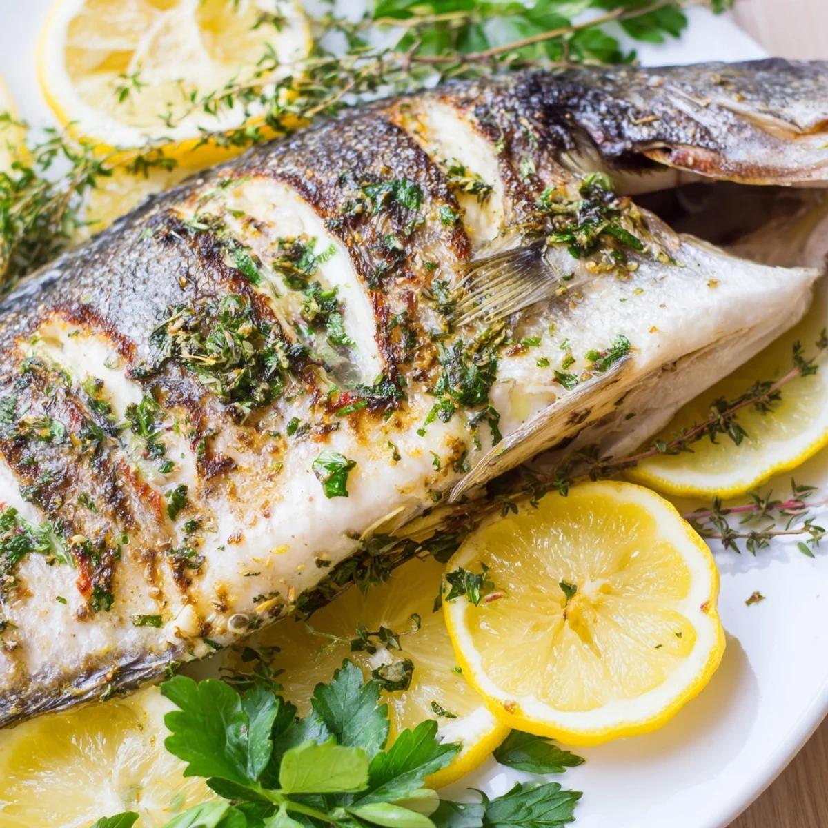 Perfectly cooked whole fish with crackling crispy skin resting on a baking sheet surrounded by roasted citrus and herbs
