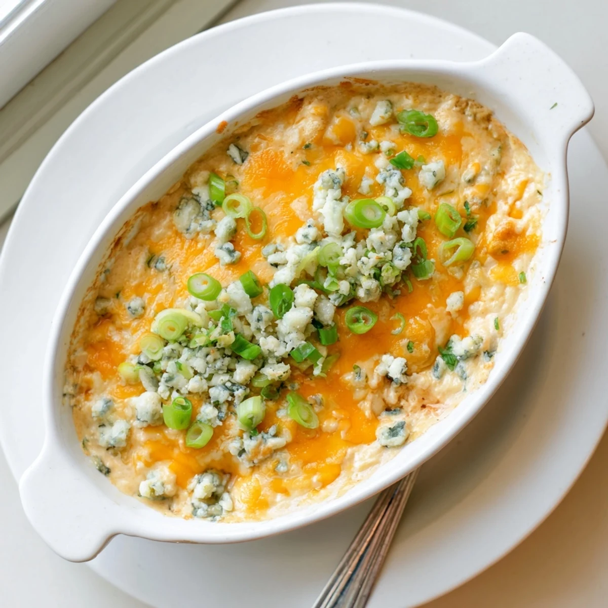 Oven-baked cheesy white bean buffalo dip served warm with crispy tortilla chips and fresh celery