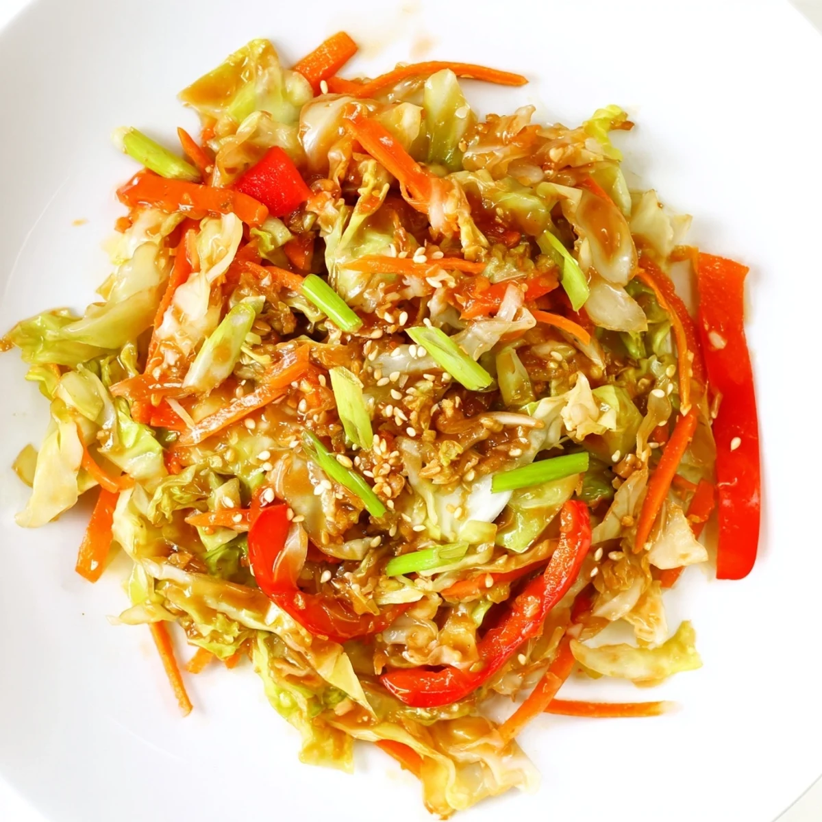 Colorful cabbage stir fry recipe with crisp vegetables glazed in savory Asian sauce