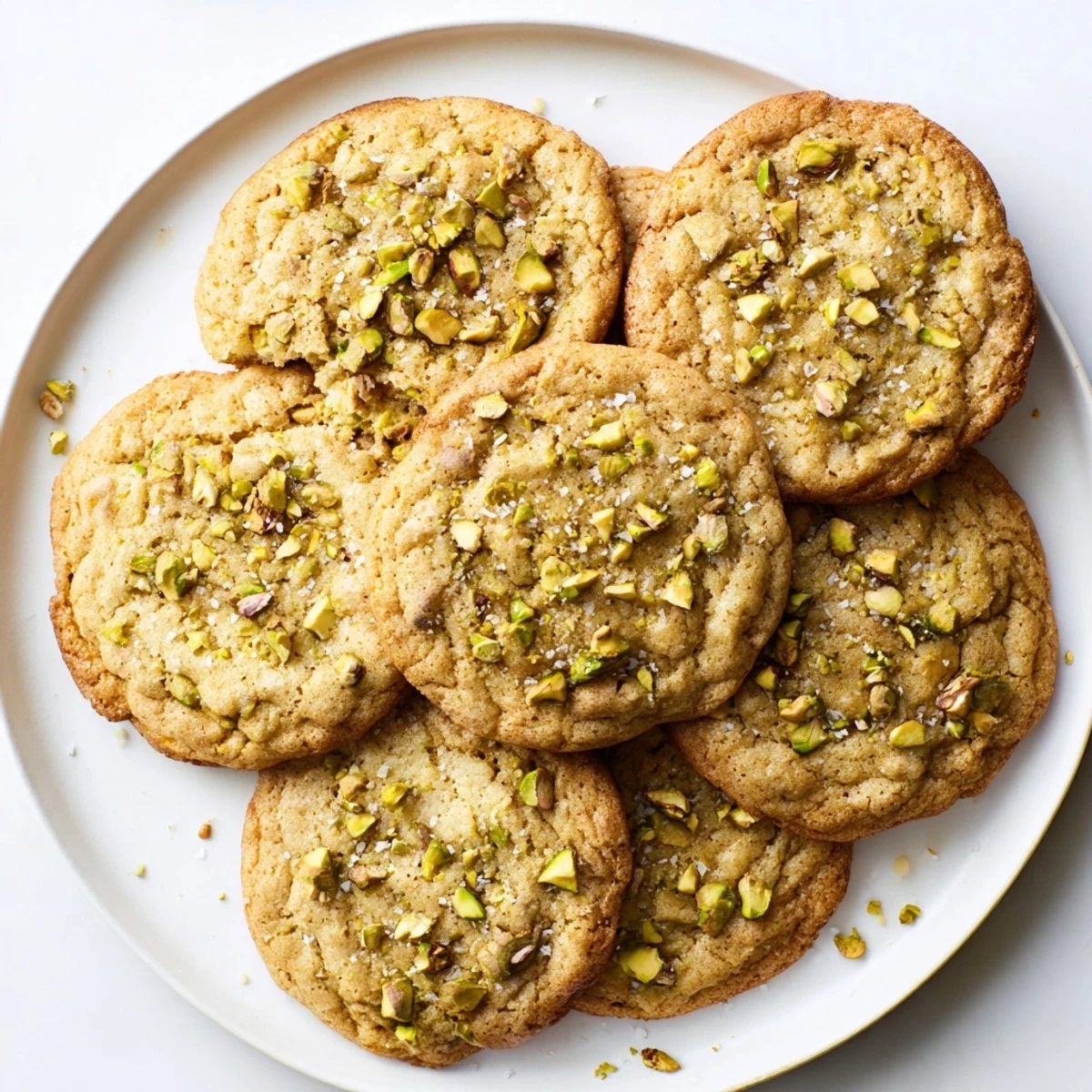 Soft golden brown salted honey pistachio cookies topped with flaky sea salt on a wooden board
