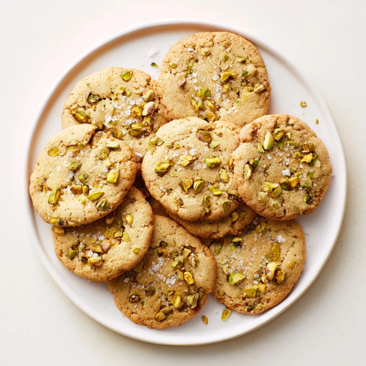Stack of warm salted honey pistachio cookies with cracked edges and crunchy pistachio pieces visible