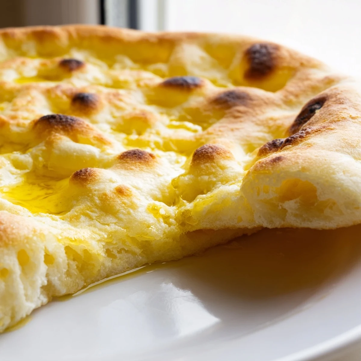Soft homemade Turkish Bazlama bread with golden brown crust, stacked on wooden board