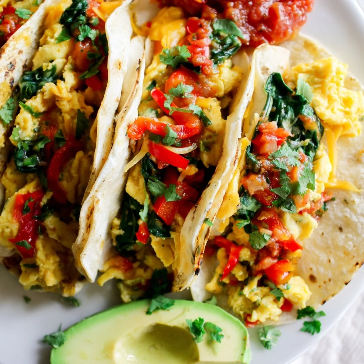 Oven-baked breakfast tacos arranged on baking sheet with colorful vegetables and bubbling cheese