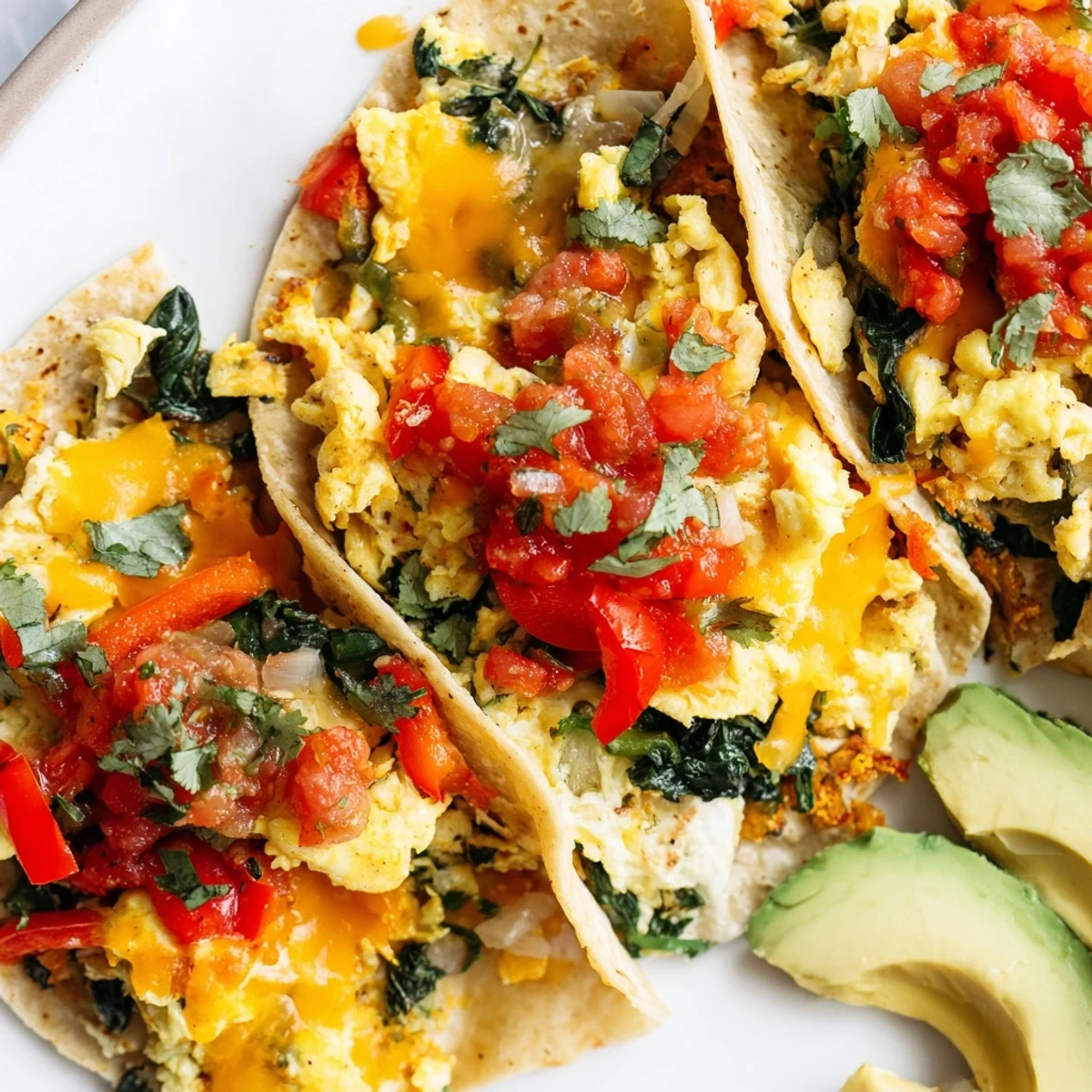 Finished baked breakfast tacos topped with fresh avocado, salsa, and cilantro garnish