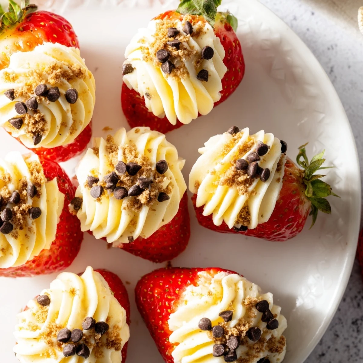 Plated sweetheart cheesecake deviled strawberries topped with fluffy cheesecake mixture and mint garnish