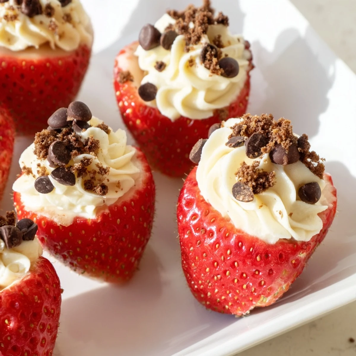 Romantic sweetheart cheesecake deviled strawberries stuffed with sweet cream cheese and chocolate chips