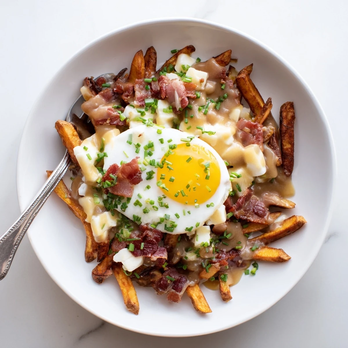 Golden crispy breakfast poutine topped with melty cheese curds, fried egg, and crumbled bacon