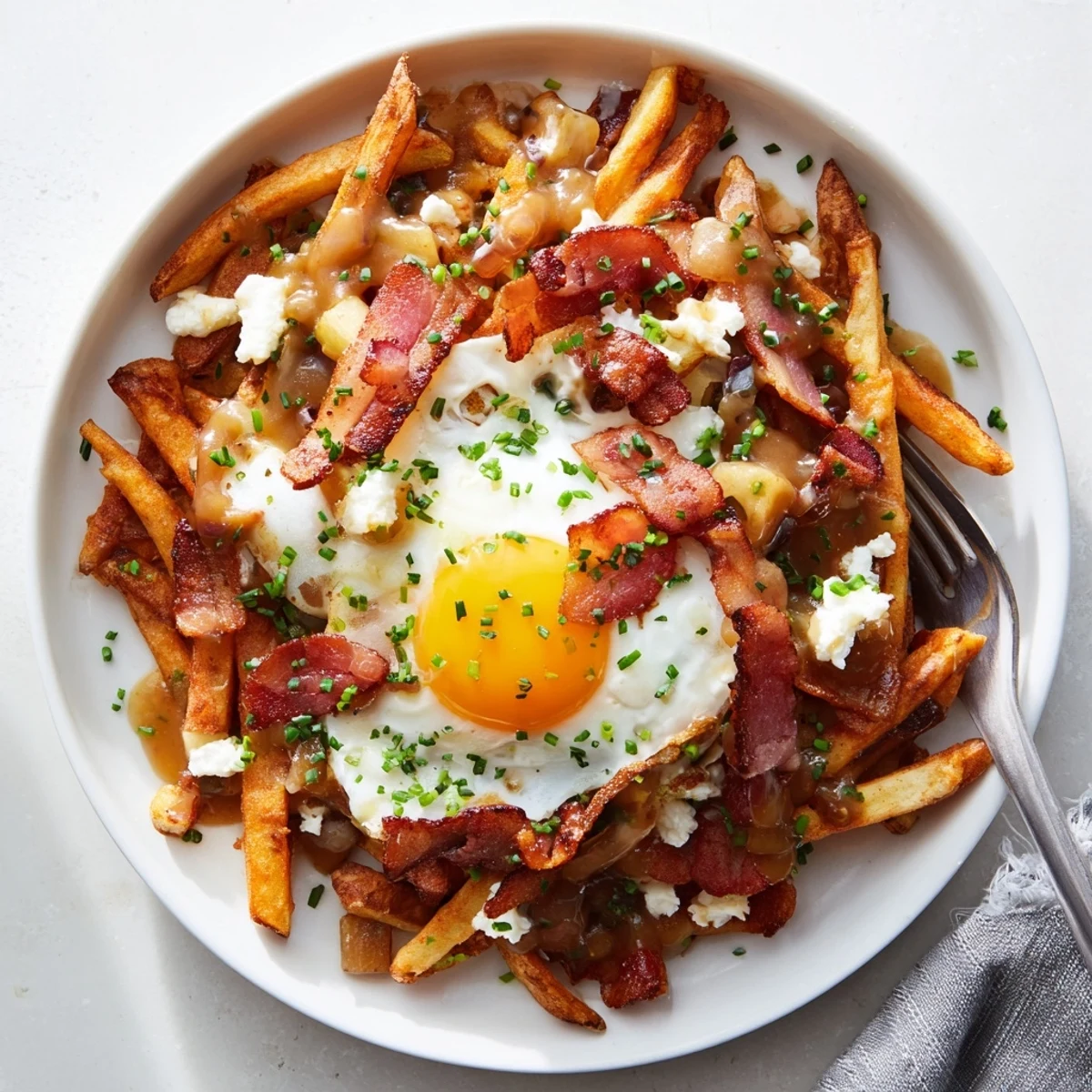 Hearty breakfast poutine featuring crispy potato fries, savory gravy, and perfectly cooked sunny-side-up eggs