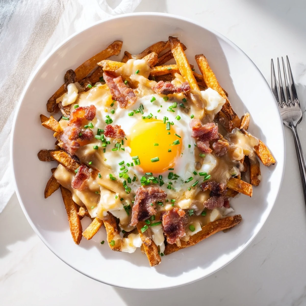Decadent ultimate breakfast poutine with rich beef gravy, poached eggs, and fresh chive garnish