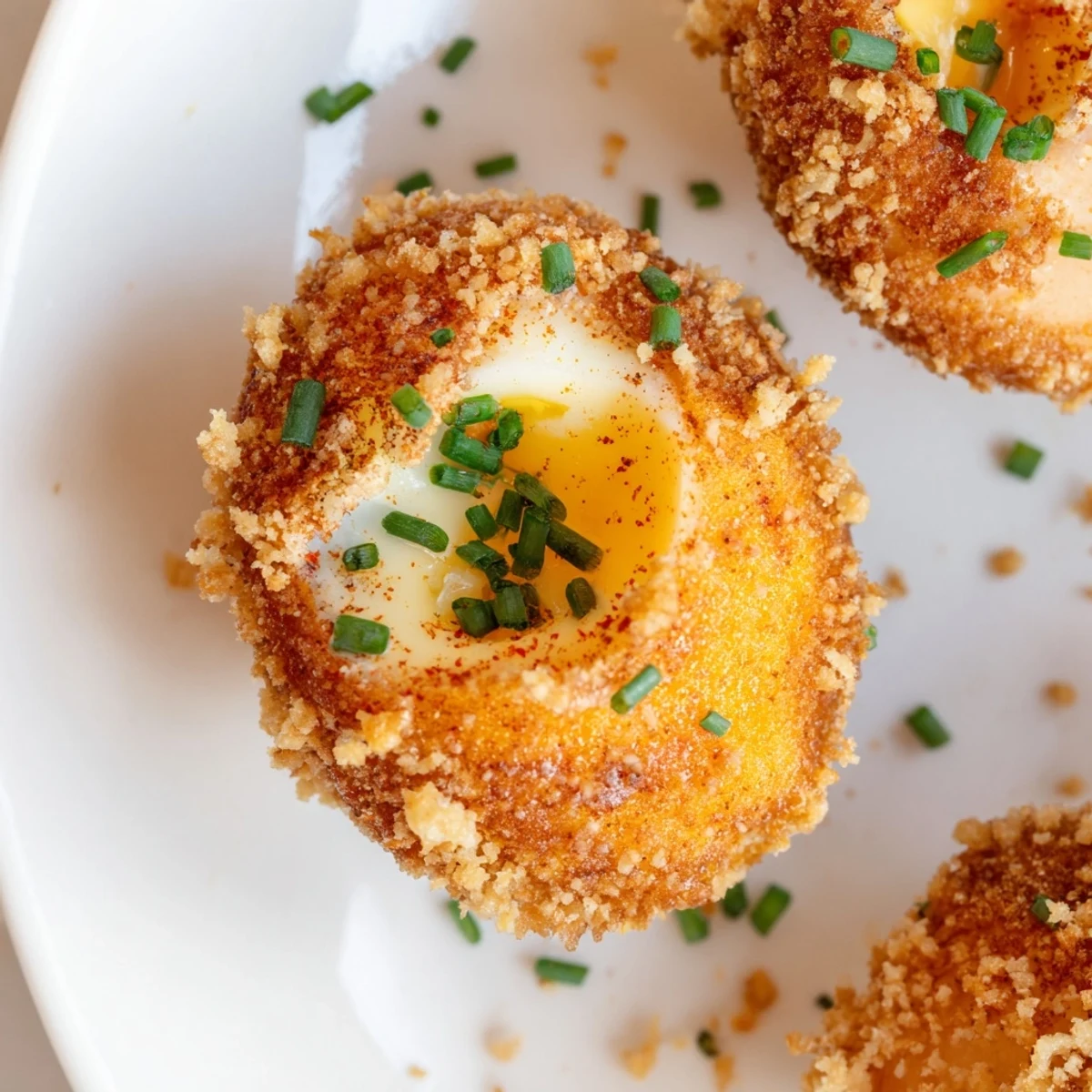 Golden brown fried deviled eggs with crispy panko coating and smooth creamy yolk filling garnished with fresh chives