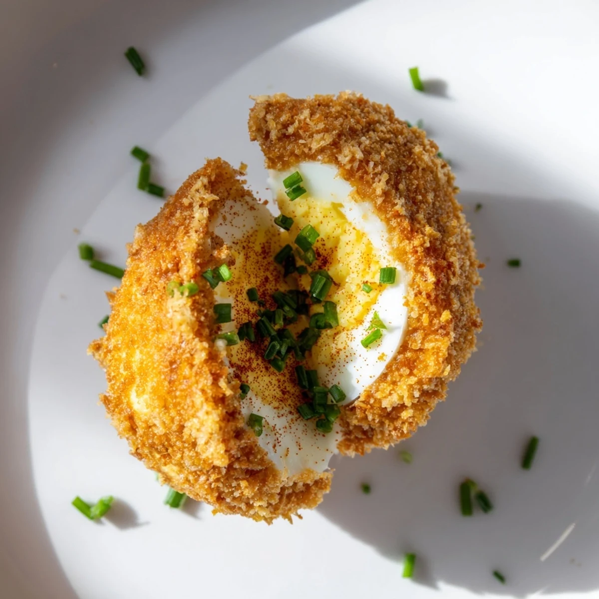 Plate of fried deviled eggs showing crunchy paprika spiced coating with piping hot creamy yolk mixture and chive garnish