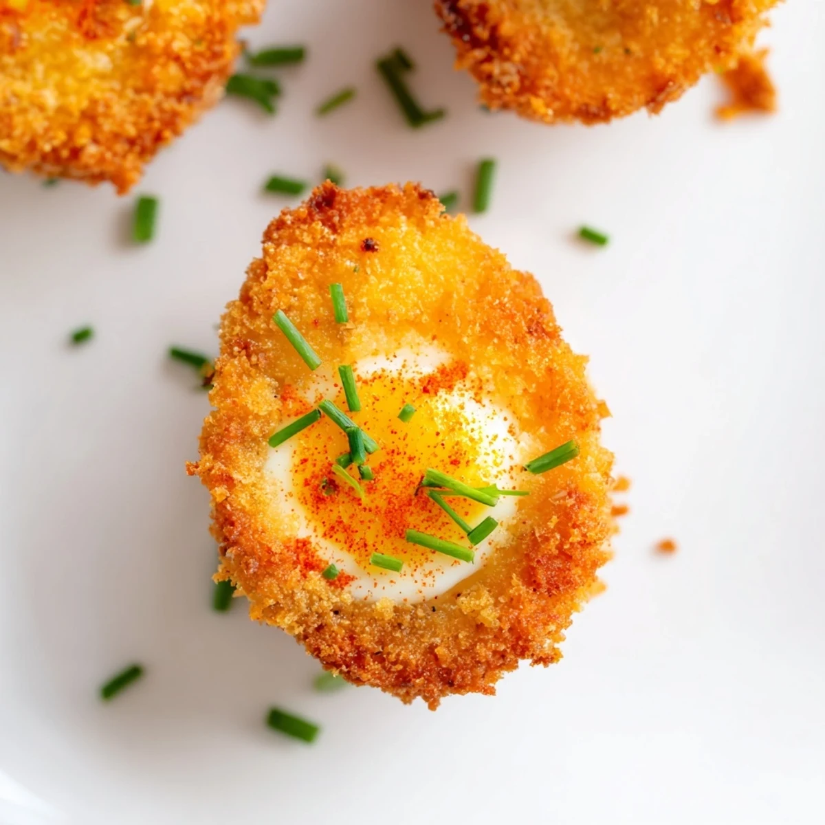 Crispy breaded deviled eggs served on a white plate featuring golden fried exterior and savory mustard mayonnaise center