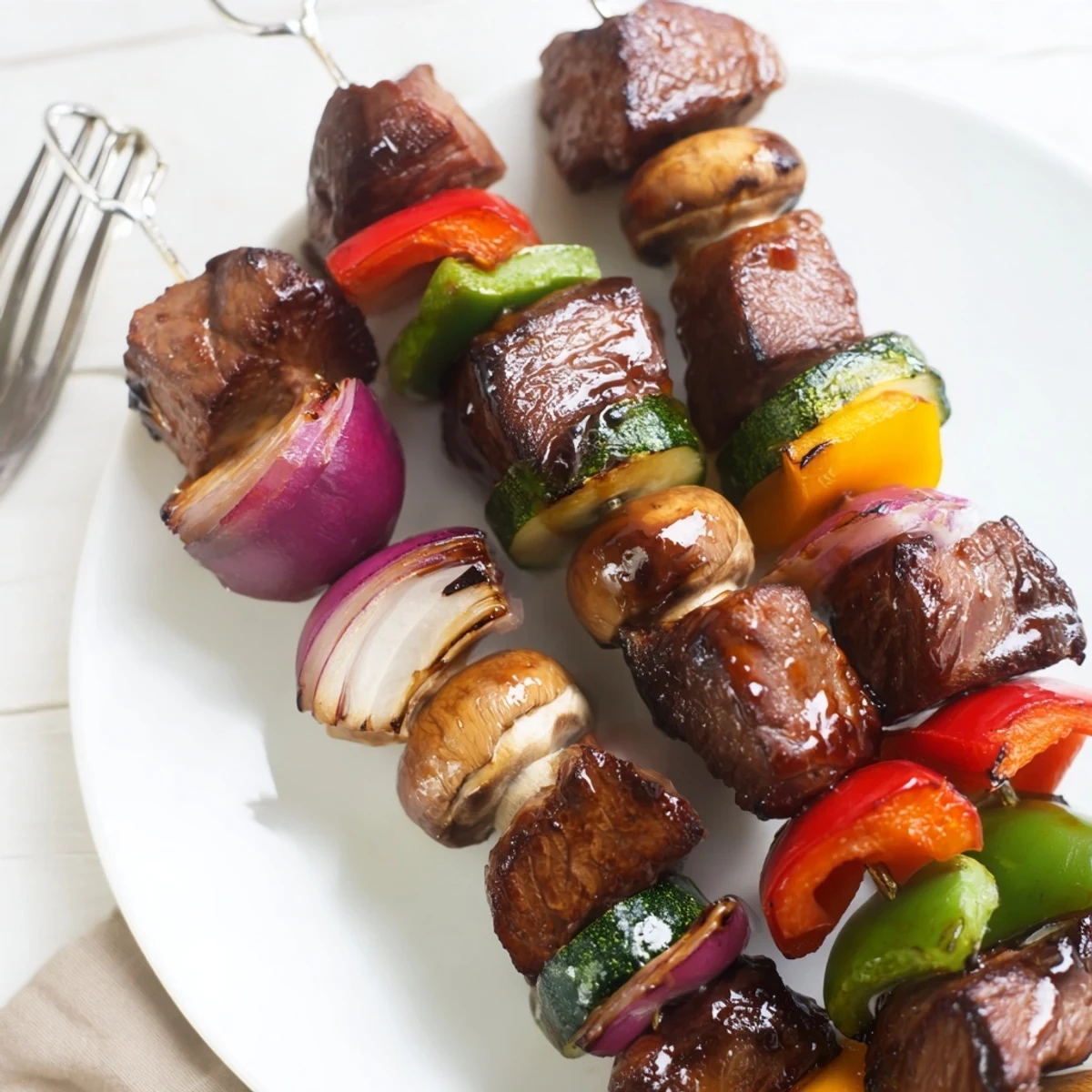 Grilled Steak Kabobs with charred bell peppers and smoky, garlicky steak cubes