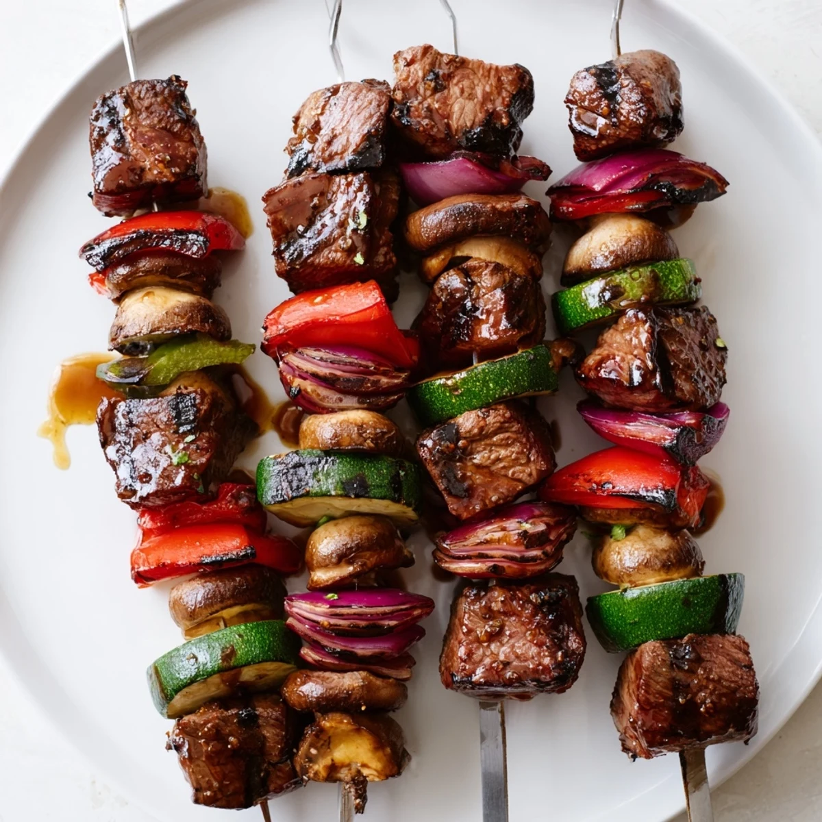 Juicy Grilled Steak Kabobs resting on a wooden board, ready to serve